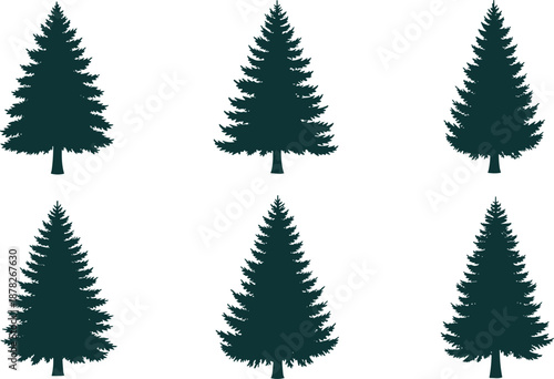 Evergreen Christmas tree silhouettes collection, green pine and fir vector illustrations for winter forest scenes, holiday design elements, minimalist nature graphics