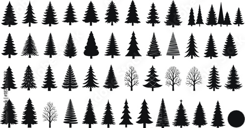 Evergreen tree silhouettes mega set, black pine fir spruce vector icons for winter forest scenes, landscape design, Christmas graphics, minimalist collection branding