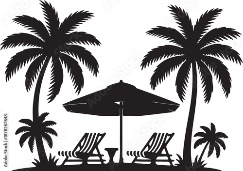 Black and white illustration of a tropical beach scene with palm trees, lounge chairs, and an umbrella, perfect for summer and vacation themes