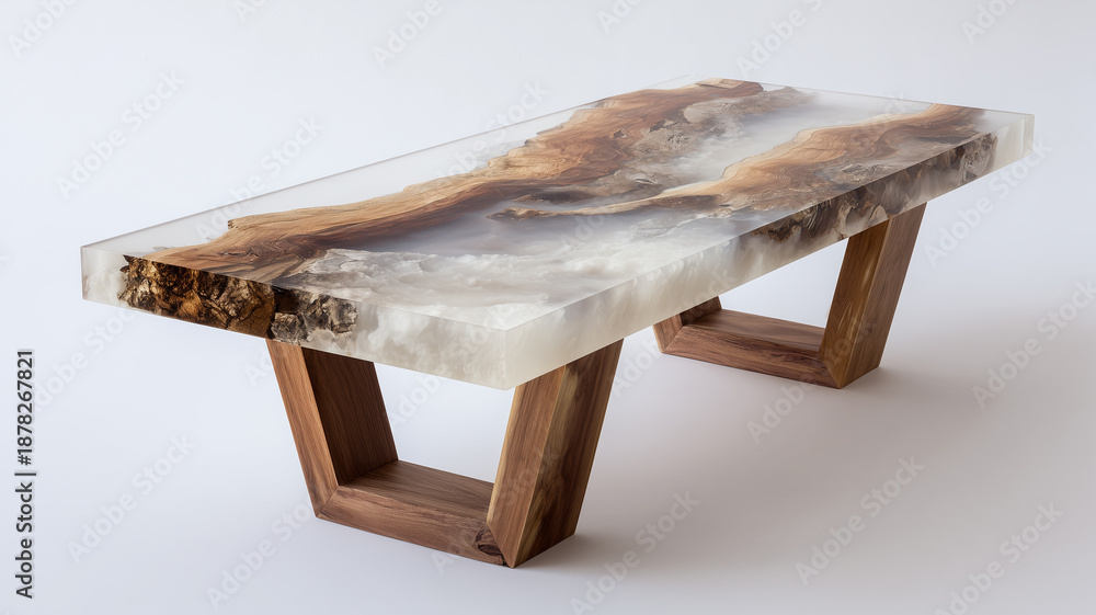 Obraz premium Handmade epoxy resin table with clear resin and wood with natural edges on a white background.