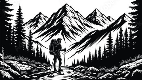Mountain hiking adventure silhouette illustration, lone backpacker trekking through alpine landscape with pine forest and dramatic peaks, outdoor exploration and wilderness travel vector art