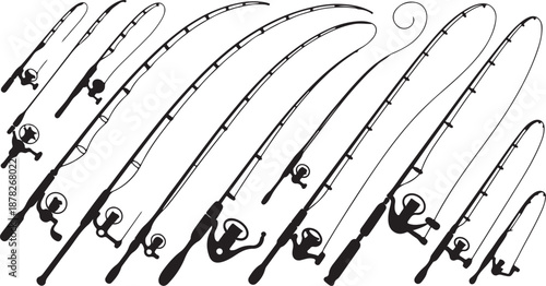 Elegant black and white outline vector illustration depicting a comprehensive assortment of fishing rods and reels, reflecting the passion for angling and outdoor leisure activities