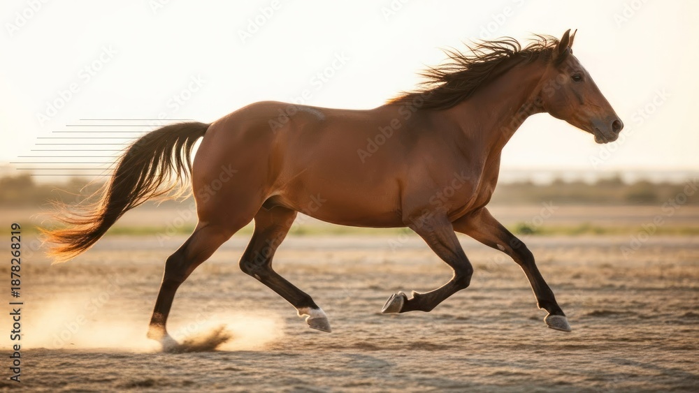 Obraz premium A brown horse galloping in a sandy field with a golden sunset in the background.