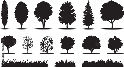 A Diverse Collection of Silhouetted Trees and Shrubs, Perfect for Nature and Landscape Designs