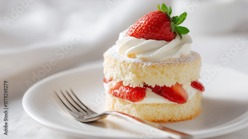 白い皿に盛り付けられた新鮮な丸ごと一粒のイチゴがのった手作りのショートケーキ