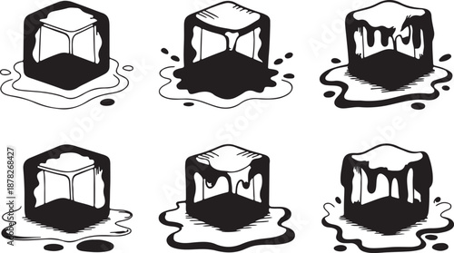 Detailed black and white vector graphics illustrating the progressive stages of an ice cube melting, showcasing the dynamic transformation from solid to liquid with drips and puddles