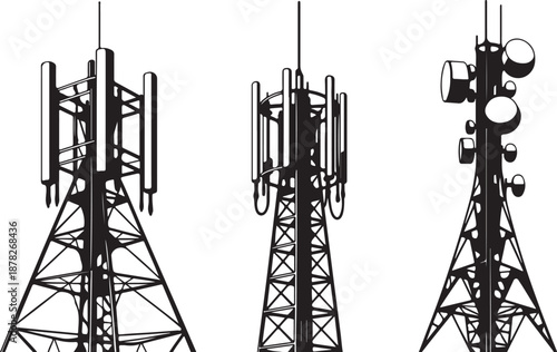 A digital illustration featuring three distinct communication towers, showcasing modern wireless technology infrastructure and telecommunication networks critical for global connectivity