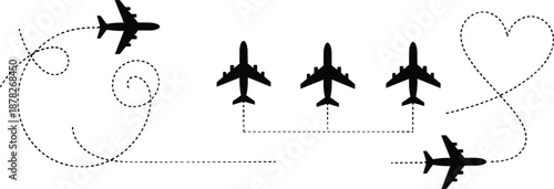 Collection of airplane silhouettes with dotted flight path routes and heart shape for travel tourism vacation aviation design element vector illustration on white background