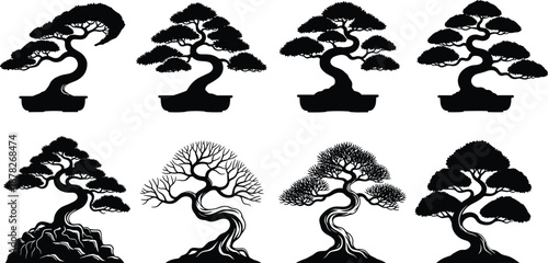 Collection of black bonsai tree silhouettes and japanese miniature plants isolated on white background for zen garden oriental nature wall art vector design decoration