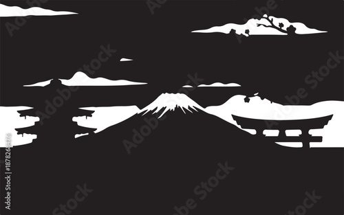 Iconic Japanese Scenery Mount Fuji, Pagoda, and Torii Gate Silhouette