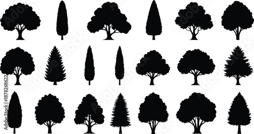 Collection of black tree silhouettes including pine cypress oak and maple icons isolated on white background for nature landscape design forest and gardening projects
