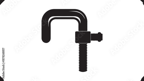 Minimalist black and white vector illustration of a sturdy G-clamp, an indispensable fastening tool for workshop, industrial, and DIY projects, presented with clean, graphic precision