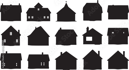 A collection of various house and building silhouettes in black and white, showcasing different architectural styles and designs