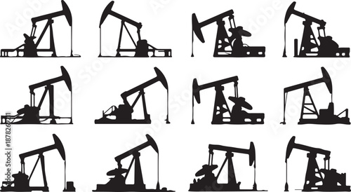 Diverse vector silhouettes showcasing multiple variations of oil pumpjacks, essential industrial machinery for efficient petroleum extraction in the fossil fuel industry