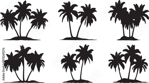 Diverse collection of six isolated black silhouette designs showcasing tropical palm trees clustered on small islands, evoking a serene summer vacation and exotic travel destination feel