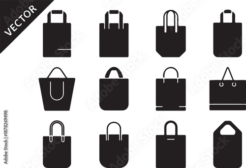 Collection of diverse black shopping bag silhouettes, perfect for e-commerce, retail, and branding design elements