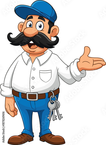Cartoon janitor character with mustache, keyring, and welcoming gesture in uniform – ideal for educational, workplace, or instructional design and promotional materials.