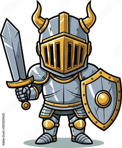 Cartoon knight in full armor with sword and shield – heroic medieval character for fantasy, combat, chivalry, or educational and entertainment designs.