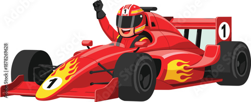 Cartoon red race car with flames and celebrating driver in helmet – perfect for motorsport, victory, speed, and racing-themed educational or promotional designs.