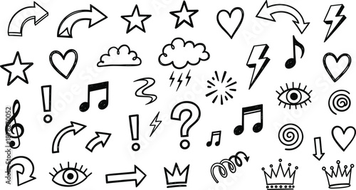 Cartoon-style black and white hand-drawn icons – expressive doodle symbols for creative design, communication, decoration, or artistic visual storytelling projects.
