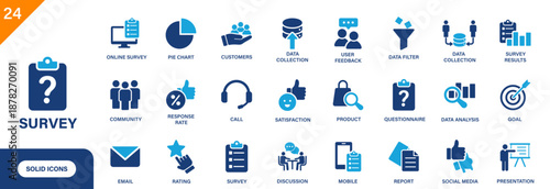 Survey icon. Including data collection, product, customers, satisfaction, reporting, social media. Solid vector icons collection.
