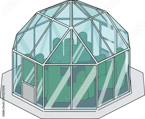 Illustration of an octagonal glass greenhouse filled with green plants