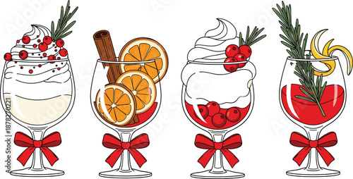 Festive holiday-themed drinks in stemmed glasses – colorful seasonal beverages with garnishes for winter celebration, party design, or decorative content.