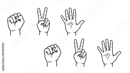 Collection of hand gesture illustrations including peace sign, raised hand, and fist. Ideal for communication concepts, instructions, and visual language graphics.