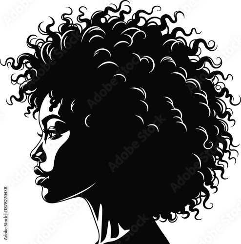 Black woman afro hairstyle silhouette profile portrait vector illustration, elegant natural hair beauty, minimal monochrome design for modern branding projects