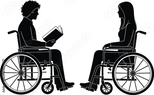 WebMale and female wheelchair users facing each other, counseling or therapy session silhouette vector illustration for disability, support, healthcare concepts