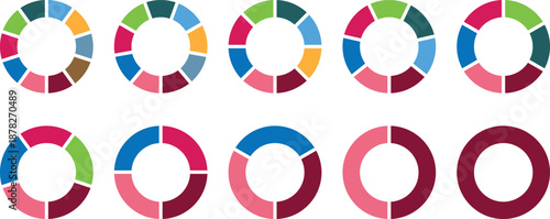Diverse donut charts showing data distribution with various segments in a multicolor palette on white