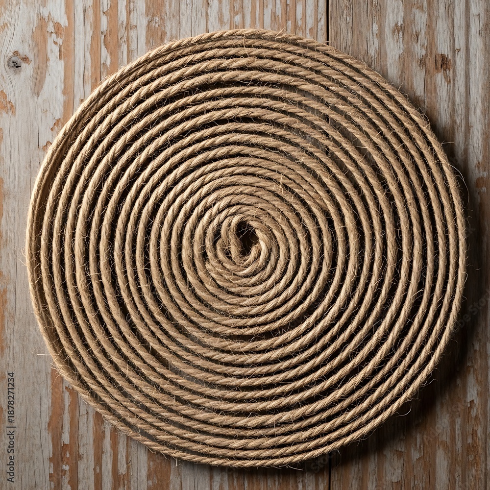 Fototapeta premium Coiled Jute Circle on Weathered Wood Backdrop showcasing Rustic Charm