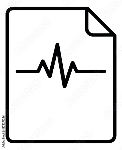 Line art illustration of a document icon depicting an electrocardiogram heartbeat line for medical data and health records