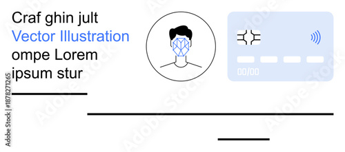 Digital security, identity verification, contactless payments, financial technology, biometrics, online transactions. Facial recognition with card and secure interface. Digital security and identity