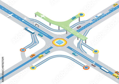 Isometric diagram of a complex road intersection with a central roundabout and an overpass