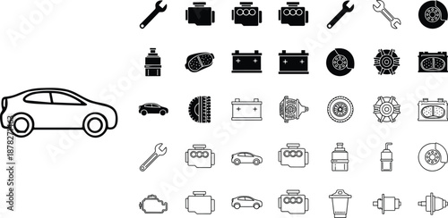 Automotive icons collection, car parts, vehicle tools, engine components, repair symbols, mechanic equipment, black and blue vector set