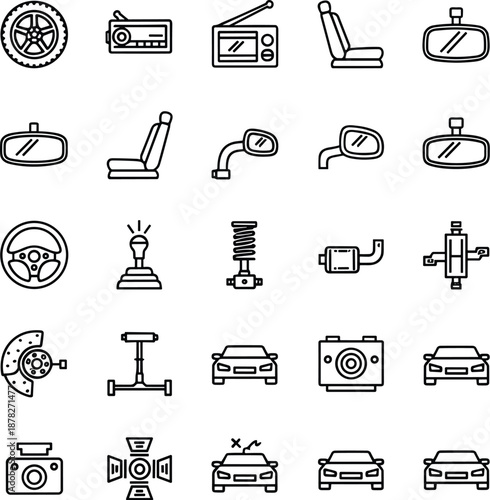 Car parts icon set, automotive components, vehicle accessories, repair tools, transportation symbols, mechanic elements, blue outline style