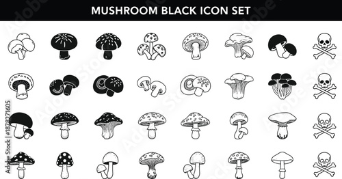 Mushroom icon set, poisonous fungi symbols, black silhouette collection, vector graphic for education, design, and safety awareness