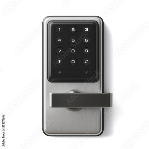 Electronic door lock with keypad for smart home access control. Digital keyless entry system in metallic housing with black number pad. Isolated smart security device. Home automation and protection