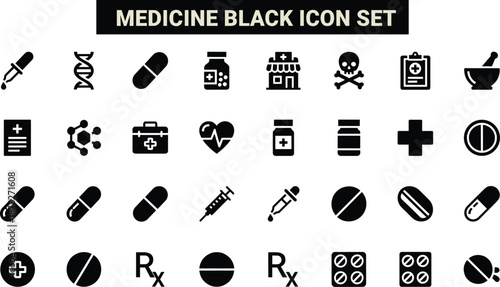 Medicine icon set, healthcare symbols, pharmaceutical tools, hospital equipment, medical graphics, black silhouette vector for design useMedicine icon set