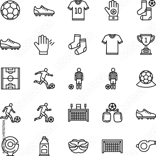 Soccer icons set, football equipment, player gear, referee symbols, goal net, jersey, cleats, ball, field layout