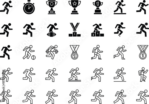 Sports and running icons set, athlete movement pictograms, fitness competition symbols, training, speed, endurance, achievement illustration