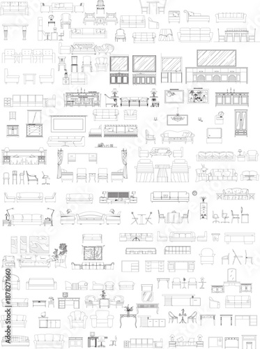 Front View Vector Line Drawing of Furniture and Interior Decorative Elements for Interior Design and Architecture