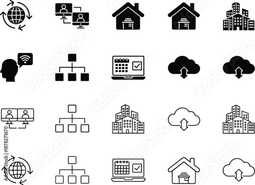 Technology icons grid, cloud computing, data center, remote communication, network structure, digital infrastructure, smart home, global connectivity