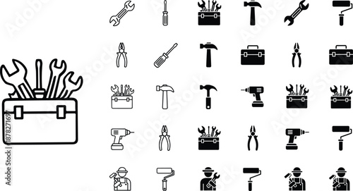 Toolbox, wrench, screwdriver, hammer, drill, pliers, construction icons, repair tools, DIY equipment, black and blue vector set