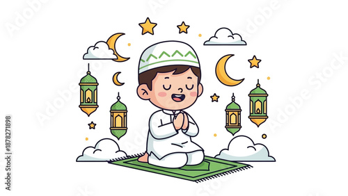 Joyful child engaging in peaceful nighttime prayer with celestial and lantern
