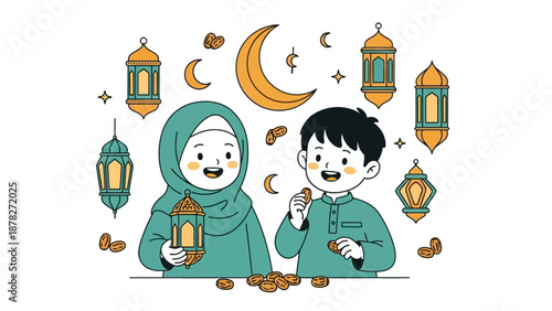 Joyful Islamic Festival Celebration with Lanterns and Moon Symbols