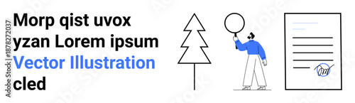 Tree outline, person in blue sweater holding a balloon, and signed document with hand icon. Ideal for creativity, agreements, environment, celebration, minimalism, abstract ideas simple landing page