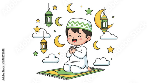 Joyful young boy praying peacefully amidst night sky symbols for spiritual