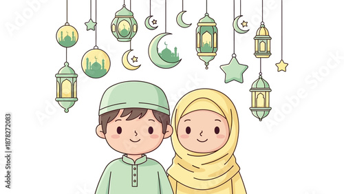 Cute children celebrating Ramadan with hanging lanterns and moon symbols